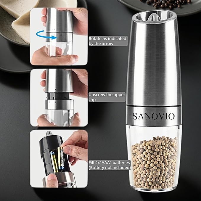 Gravity Electric Salt and Pepper Grinder Set, Adjustable Coarseness, Ceramic Grinding Core, Battery Operated, Perfect for Home Kitchen, BBQ, and Outdoor Picnics(Stainless Steel,2 Pack)