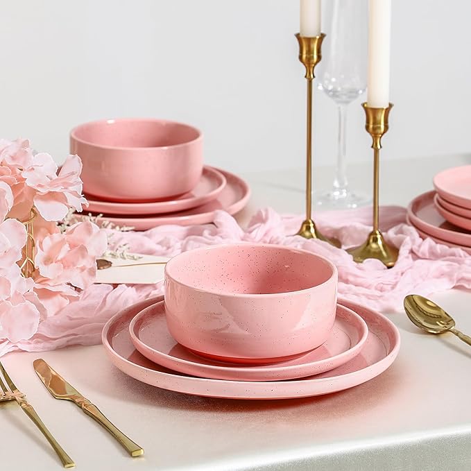 GZG Modern Art Series - 12 Pcs Speckled Stoneware Plates and Bowls Sets, Ceramic Dinnerware Set with Rustic Terracotta Underside, Microwave and Dishwasher Safe Handcrafted Dishes Set - Blush Pink