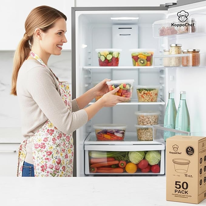 Koppochef 16oz Deli Containers [50 Pack], Leakproof and Durable, Microwave Dishwasher Freezer Safe, Stackable Storage Deli Containers with Lids, BPA Free and Recyclable