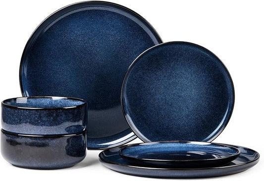 Herogo 6 Pieces Stoneware Dinnerware Sets Service for 2, Dinner Plates and Bowls Sets, Double Reactive Glaze Dishes Set for Kitchen, Scratch Resistant, Microwave & Dishwasher Safe, Starry Blue