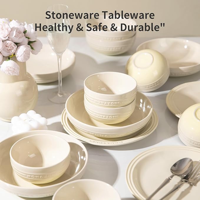 12-Piece White Ceramic Dinnerware Set - Monazone Series, Service for 4, Includes Bowls & 8''/9'' Plates, Glossy Finish