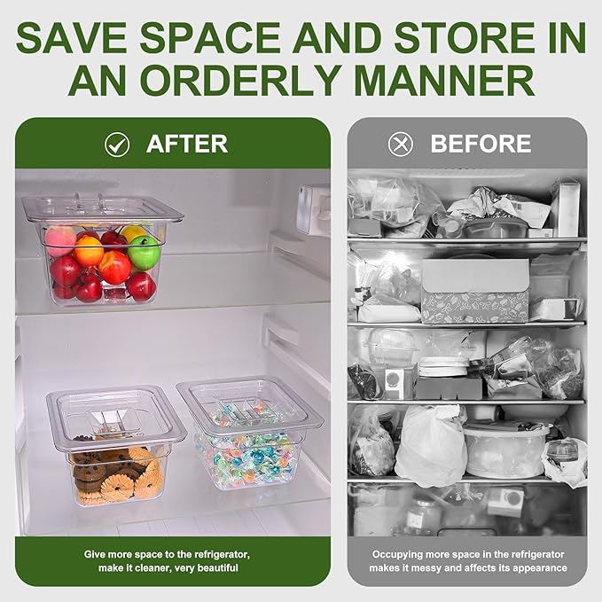6 Pack Plastic Clear Food Pans with Lids, 1/6 Size 4'' Deep Commercial Stackable Polycarbonate Pans Hotel Food Storage Pan with 1 Pcs Spoon for Fruits Vegetables