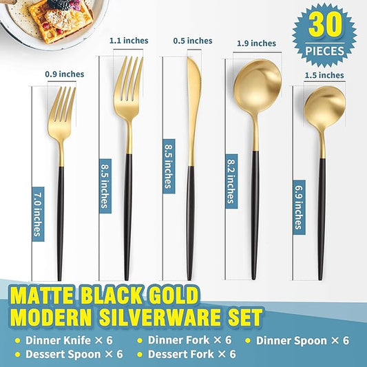 Lemeya Matte Black Gold Silverware Set for 6,Modern Stainless Steel Brushed Cutlery Set,30-Pieces Heavy Duty Flatware Set,Knives Spoons and Forks Set Utensils Set, Satin Finish, Dishwasher Safe