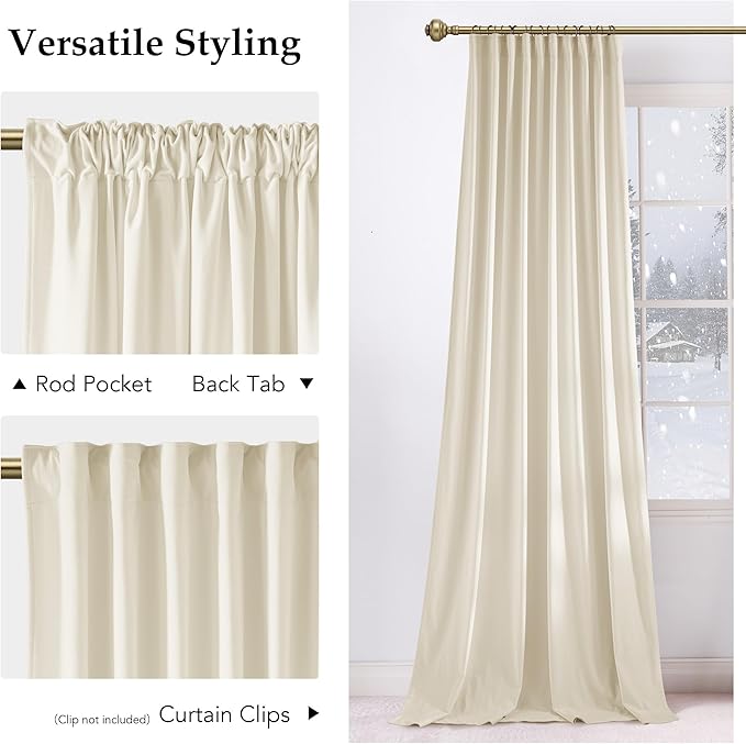 NICETOWN Ivory White Velvet Curtains 108" Length for Christmas Home Decor, Room Darkening Thermal Insulated Luxury Thick Floor to Ceiling Window Treatments for Living Room, 52" Wide, 2 Panals