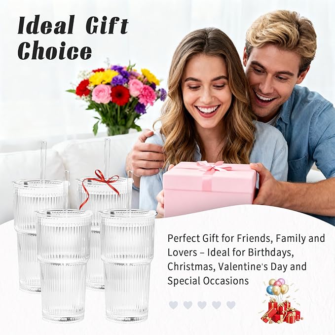 20oz Glass Cups with Lids and Straws, Premium Thick Ribbed Drinking Glass Tumbler Set for Iced Coffee, Smoothies, Cocktails, Beer and Juice, Clear, 4 Pack