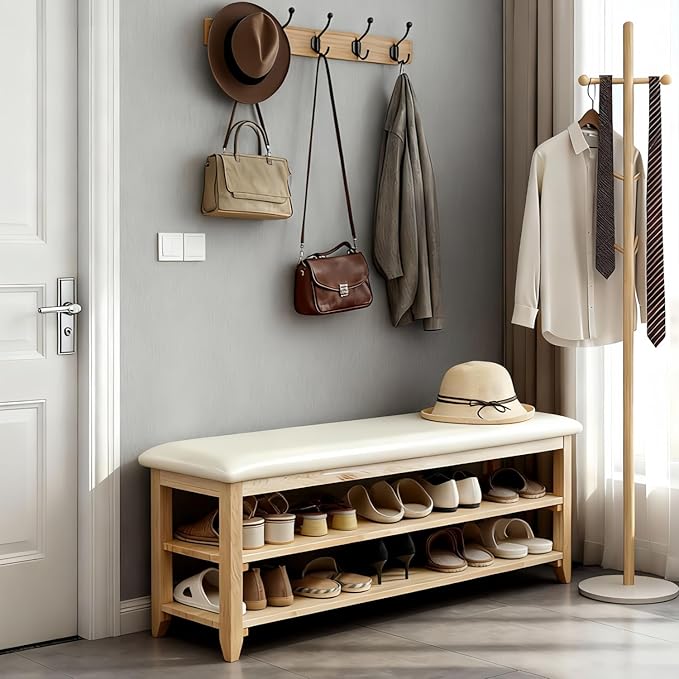 Shoe Bench Storage with Leather Cushion, Rustic Solid Wood Entryway Bench with 2 Height-Adjustable and Removable Shelves for Hallway, Living Room, Mudrooms (Natural Wood,47.2")