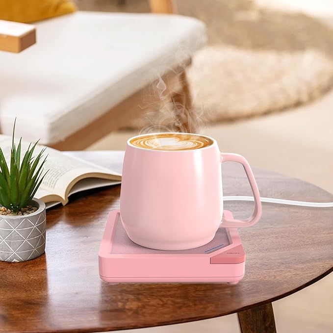 Coffee Mug Warmer Set: Coffee Warmer for Desk Auto Shut Off Candle Warmer Plate Electric Beverage Coffee Cup Warmer Heated Coffee Mug for Coffee,Tea, Milk Up to 131°F/55°C (Light Pink)