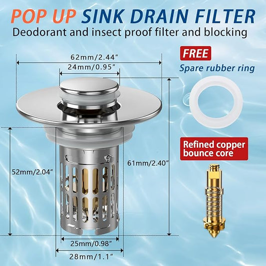 Bathroom Sink Drain Strainer, Pop Up Sink Drain Filter with Removable Stainless Steel Filter Basket Hair Catcher, Sink Drain Strainer, for Us Bathroom Sink Stopper Replacement