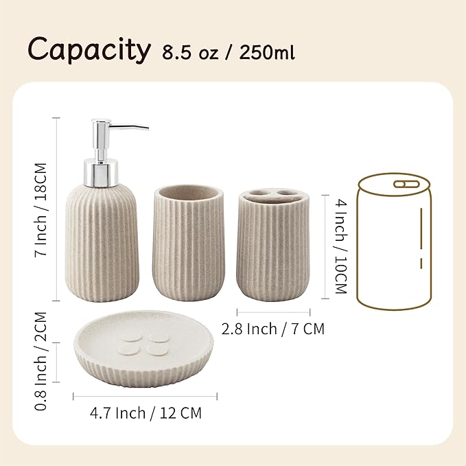 4-Piece Bathroom Accessory Set - Modern Resin & Sandstone Collection - Includes Soap Dispenser 8.5oz, Toothbrush Holder, Tumbler, Soap Dish (Beige)
