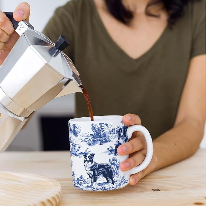 Border Collie Blue French Toile Mug, Border Collie Lover Gifts for Women, Blue Chinoiserie Toile Coffee Cup, Dog Lovers Tea Coffee Mug Birthday Gifts for Dog Owners, 11oz