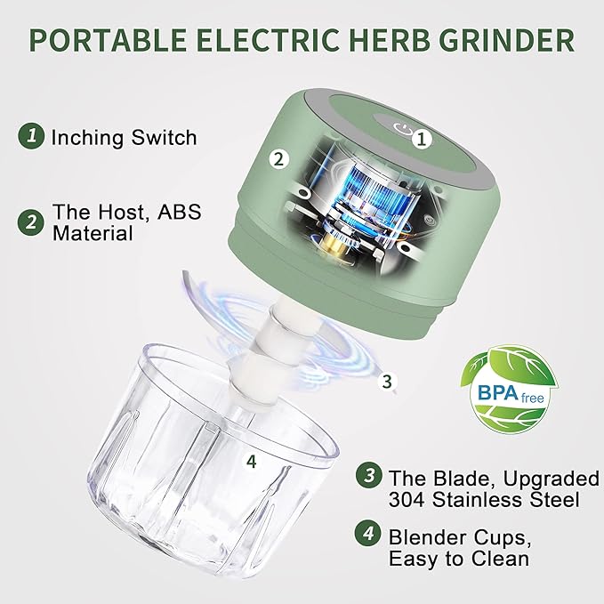 Electric Herb Grinder, 3.5 Inch Large Grinders for Grinding Dry Fresh Herbs and Spice with Clear Chamber, Portable USB Charge Herb Grinder, Including Clean Brush and Tweezers, Gift Box, Green