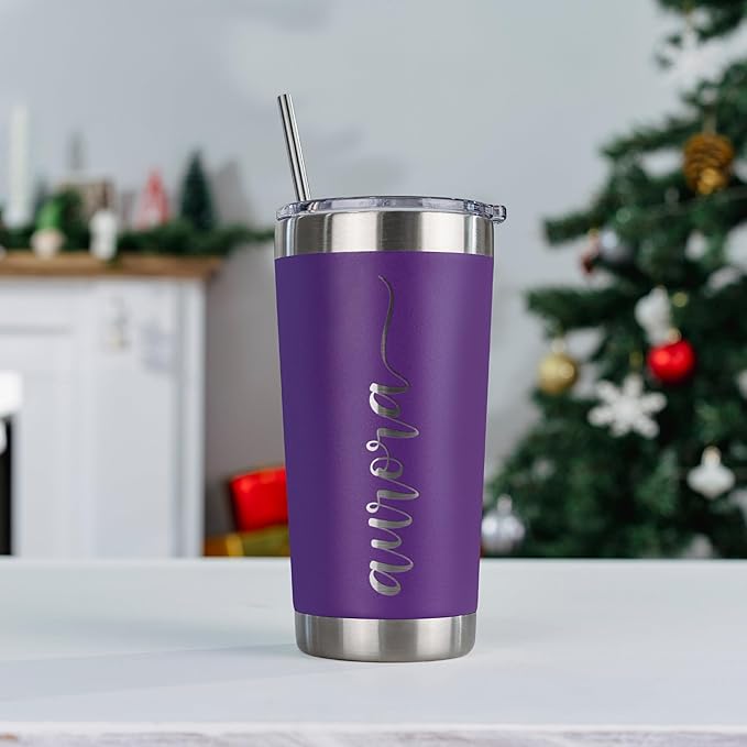 Personalized Tumblers, Stainless Steel 20 oz Tumbler w/Lid |13 Different Designs| Personalized Cups Double Walled Insulated Coffee Cup for Travel - Purple