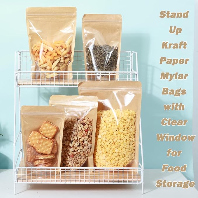 150-pack 5.9” x 8.7” Stand Up Kraft Paper Mylar Bags with Clear Window Resealable Foil Pouches for Food Storage Smell Proof Edible Packaging Bag for Small Business, Bulk
