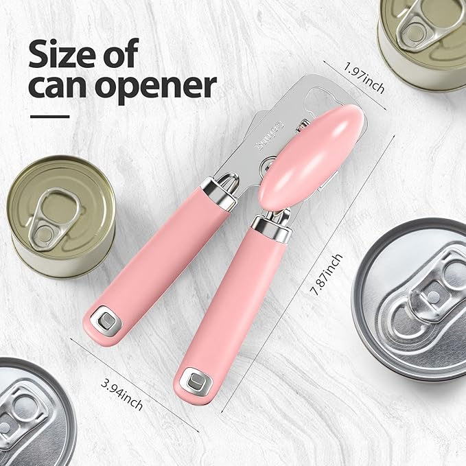 Can Opener Manual, Heavy Duty Stainless Steel Smooth Edge Can Opener With Soft Touch Handle, Oversized Handheld Easy Turn Knob, Multi-Function Bottle Opener, Pink