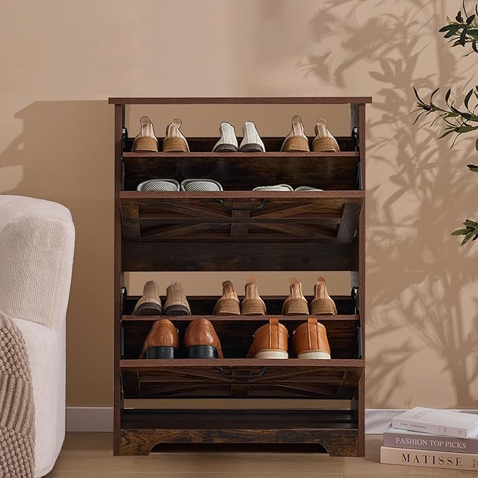 Shoe Storage Cabinet with Bench, Farmhouse Shoe Organizer with Barn Door Design, Space-Saving Hidden Narrow Shoe Rack Cabinet for Entryway, Hallway & Foyer，White