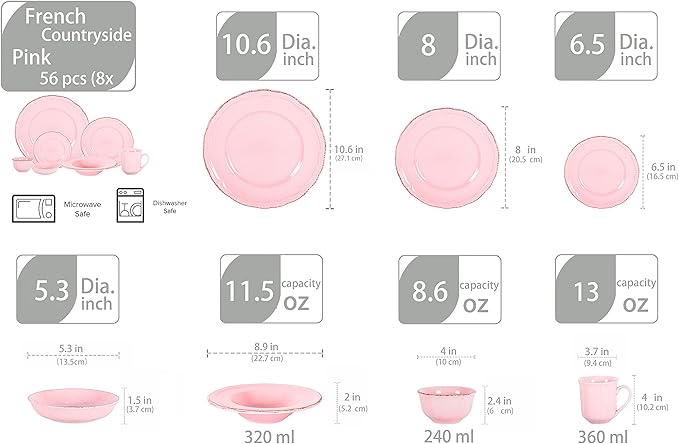 56pc Dinnerware Set, Plate and Bowl Set, Stoneware Dishes Set for 8, Microwave and Dishwahser Safe, Scratch Resistant, French Countryside Speckled Antique Pink