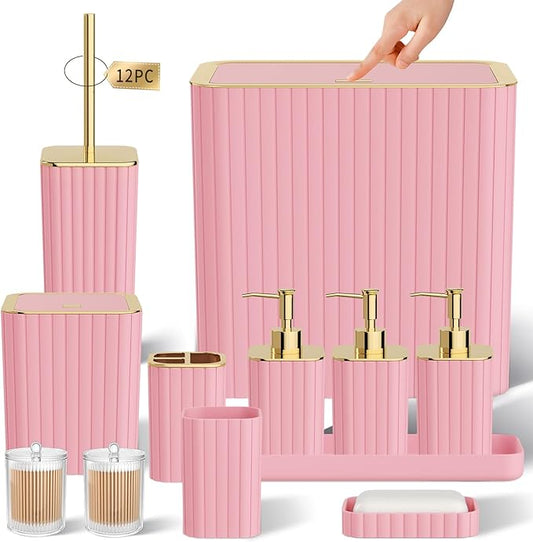 Bathroom Accessory Set - Bathroom Set, 12PC Bathroom Accessories Set, Pink Bathroom Accessories Set, Mini Trash Can, Toilet Brush, Trash Can & Soap Dispenser