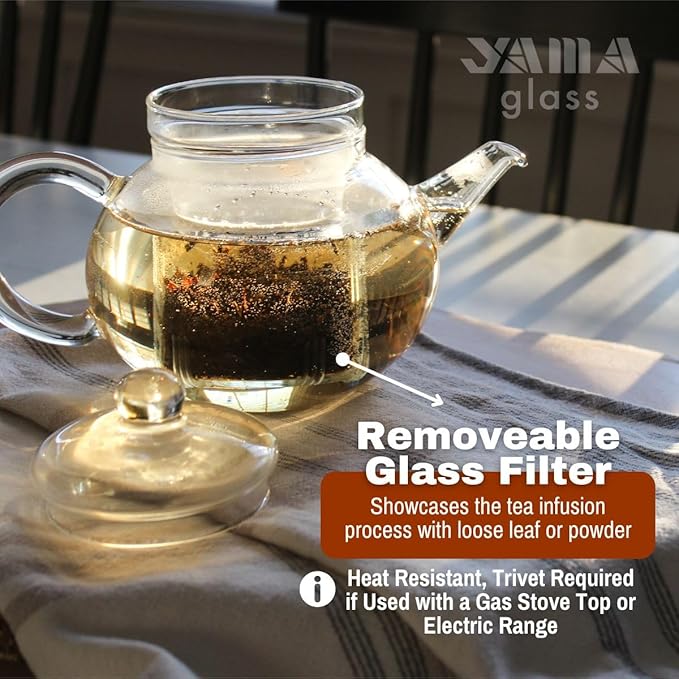 Yama Blooming Teapot 32 Oz, Borosilicate Glass Teapot with Glass Infuser - Yama Glass, Hand Crafted in Taiwan