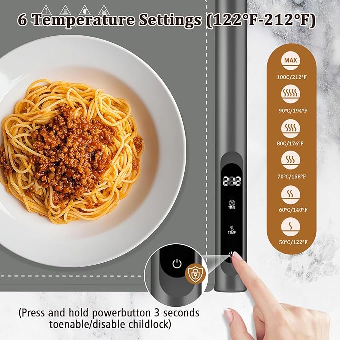 Upgrade Graphene Warming Mat for Food, Rapid Heating Food Warming Mats for Countertop with 6 Temps & Timer Settings, Portable Electric Warming Tray for Buffets Party, Gray