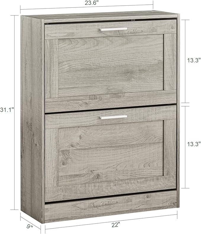 Shoe Cabinet for Entryway, 2-Tier Flip Drawer Shoe Storage Cabinet with Dividers, Shoe Organizer for Small Spaces, Narrow Shoe Rack, Slim Shoe Rack Freestanding, Grey, HUS-FSR137