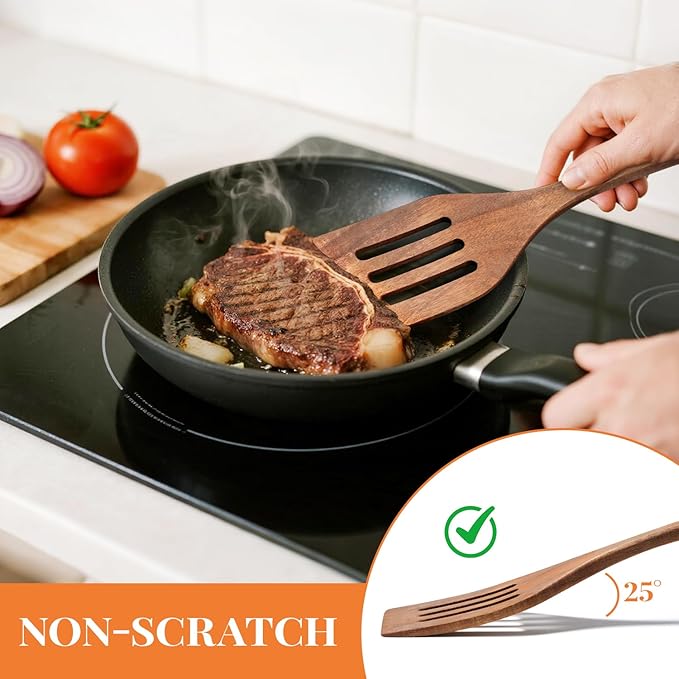 3Pcs Wooden Spatulas, Acacia Wood 12inch Long Handle Flat Frying Turner, Non-Stick Wooden Spoons for Cooking, Kitchen Utensils Set for Flipping, Scraping and Turning