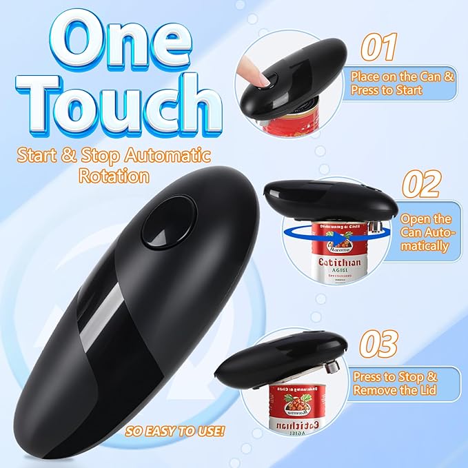 Electric Can Opener, One-Touch Automatic Can Opener for Seniors and Arthritis, Smooth Edge Battery Operated Food-Safe Can Opener, Compact Portable Design Fits Most Standard Can Sizes, Black