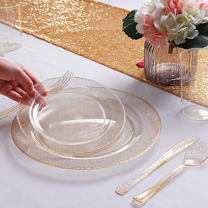 WDF 120PCS Gold Plastic Plates- Disposable Gold Glitter Plates, Premium Heavy Duty 60-10.25" Dinner Plate and 60-7.5" Salad Plate for Christmas Parties &Wedding