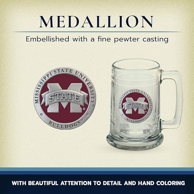 Heritage Pewter Mississippi State Beer Stein Glass | 15 Ounce German-Style Beer Glass | Intricately Crafted Metal Pewter Alma Mater Inlay