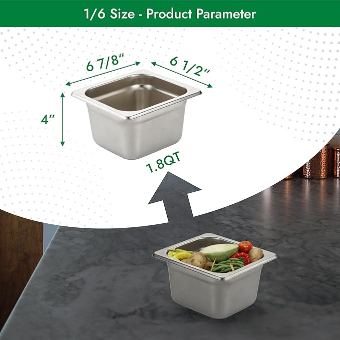 HECMAC 6 Pack Anti-Jam Hotel Pans, 1/6 Size 4 Inch Deep, Commercial Stainless Steel Chafing Steam Table Pan, Catering Storage Metal Food Pan, 23 Gauge