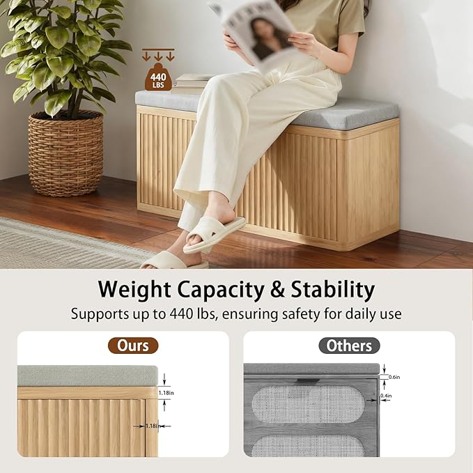 Entryway Shoe Storage Bench with 2" Cushion, 37.4" Small Bench with Shoe Rack, Cabinet Organizer for Hallway，Bedroom End of Bed,Light Oak