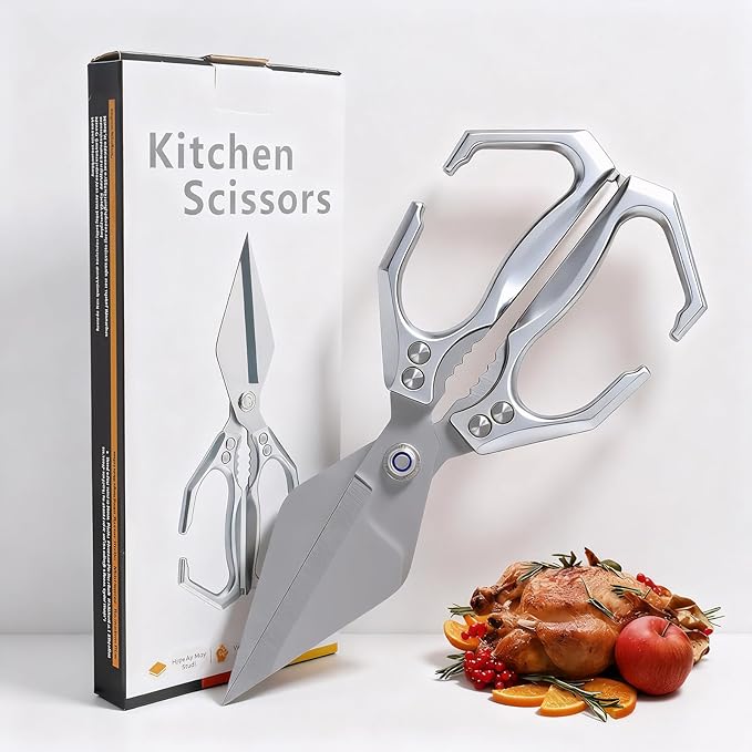 Heavy Duty Kitchen Scissors All purpose, poultry shears for food Cutting Meat, Chicken, Bones, Seafood, Herbs, Nuts, Packages, Culinary scissors with Ergonomic Handle Silver
