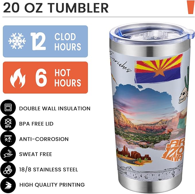 20oz Insulated Tumbler Arizona State Coffee Mug, United States Map Travel Mug Landmark, Birthday Gifts Cute Custom Tumbler Cups with Lid and Straw Mothers Day Gifts