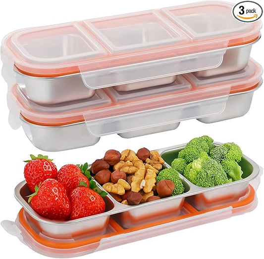 3 Pcs Stainless Steel Snack Containers with Lids, 3 Compartment Divided Food Storage Containers, 304 Steel Leek Proof Bento Lunch Snack Boxes for School, Home, Travel