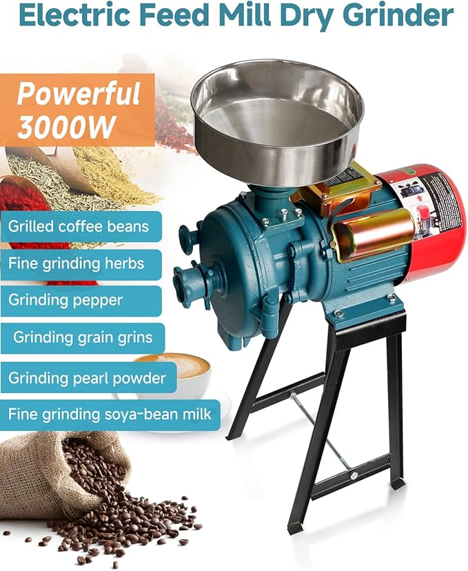 NAIZEA NAIZEA Electric Grain Mill Grinder Corn Grinder, 3000W 110V Commercial Flour Mill Machine with Funnel, Feed Grinders for Corn, Wheat, Rice, Cereals,Molino de Maiz Electrico (Dry Grinders)