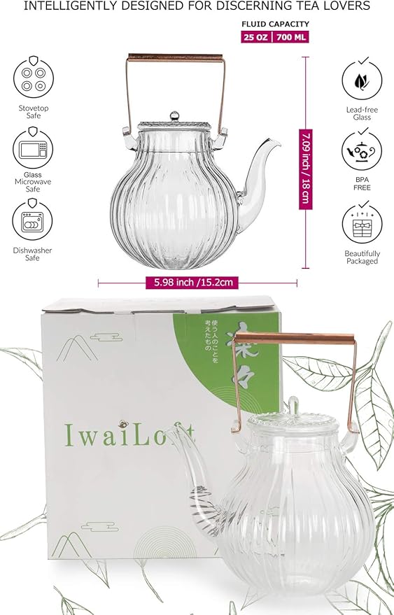 IwaiLoft Stovetop Safe Glass Teapot with Removable Infuser Fine Borosilicate Tea Pot perfect for Fruit Flowering Tea Canister Premium Quality Tea Kettle Gift IW-G086 (25OZ, LINE)
