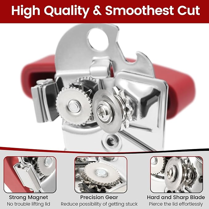 Manual Can Opener Smooth Edge with Magnet, Vayvnt Stainless Steel Handheld Strong Can Bottle Opener, Extra Shape Cutting Blade&Large Turn Knob, Multifunctional 4 In 1 Kitchen Tool for Seniors, Red