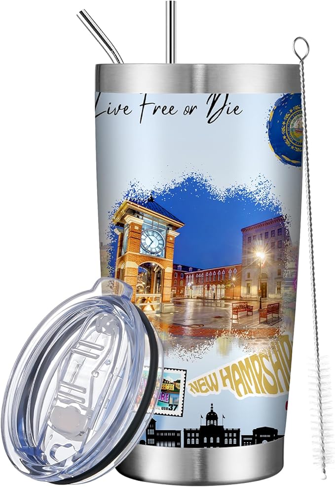 20oz Insulated Tumbler New Hampshire State Coffee Mug, United States Map Travel Mug Landmark, Birthday Gifts Cute Custom Tumbler Cups with Lid and Straw Gifts for Mom