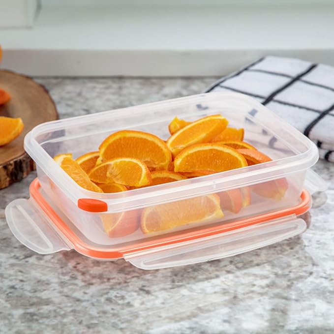 Sterilite Ultra-Seal 5.8 Cup Rectangle, Airtight Food Storage Container, Latching Lid, Microwave and Dishwasher Safe, Clear With Orange Gasket, 6-Pack