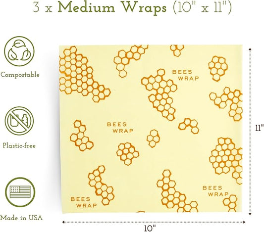 Bee's Wrap Beeswax Wraps for Food - Honeycomb Medium 3 Pack Made in USA Reusable & Organic Food Wraps, Sandwich Wrap & Bowl Covers - Eco-Friendly Alternative to Aluminum Foil & Plastic Wrap