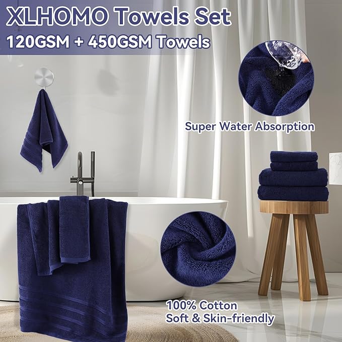 Navy Blue Bathroom Accessories, 24 Pieces Blue and Gold Bathroom Accessories Set with Shower Curtain, Bath Towels, Trash Can, Soap Dispenser and Soap Dish for Bathroom/Housewarming