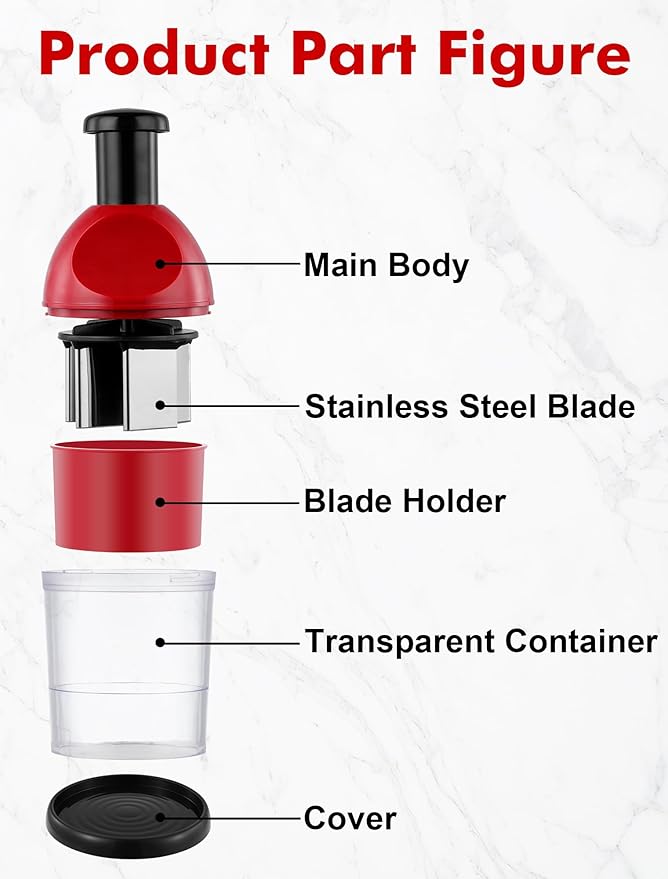 Food Chopper, Hand Chopper Dicer Easy to Clean, Manual Slap Vegetable Cutter Onion Dicer, Garlic Mincer for Onion, Nut, Tomato, Pepper, Celery, etc, Red