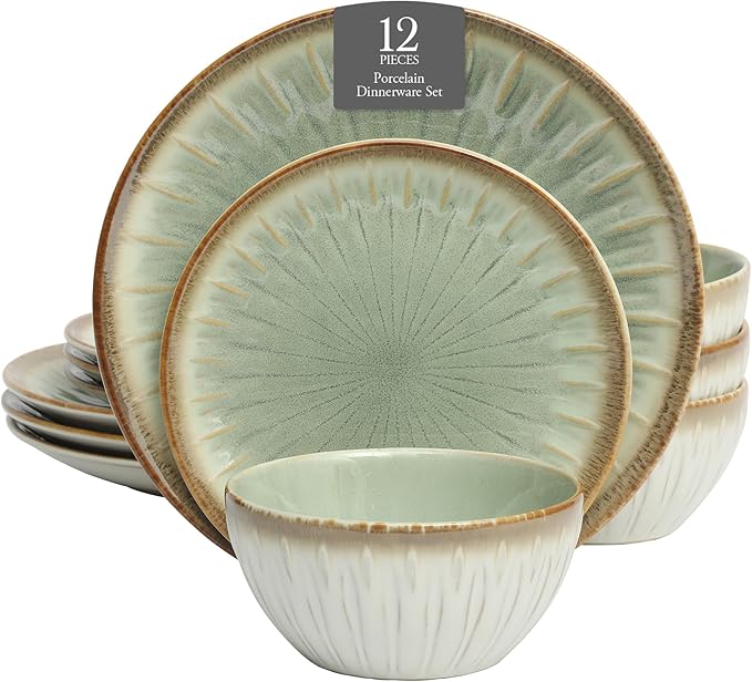 Gibson Elite Trescott Way 12-Piece Reactive Glaze Stoneware Dinnerware Set – Green Plates and Bowls