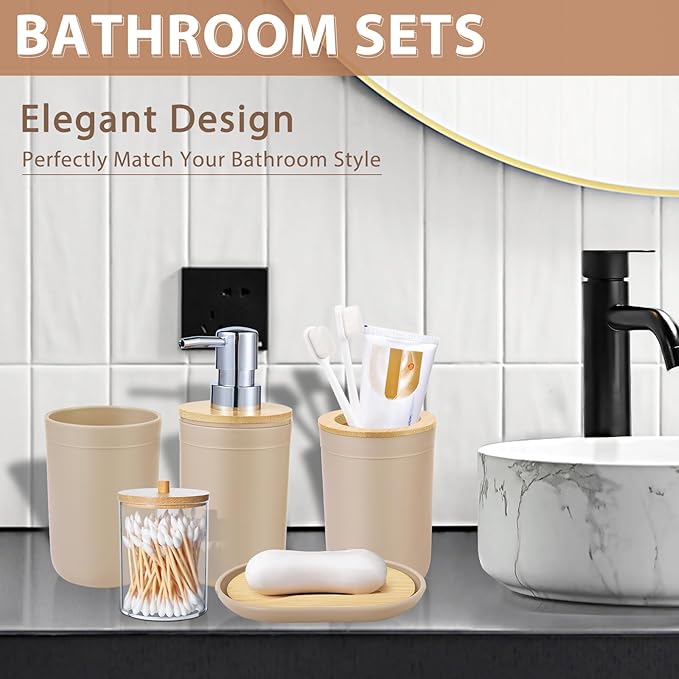 iMucci Bathroom Accessories Set 5Piece Beige Bathroom Sets, Toothbrush Holder, Toothbrush Cup, Lotion Soap Dispenser, Soap Dish and Qtip Holder Bathroom Decor