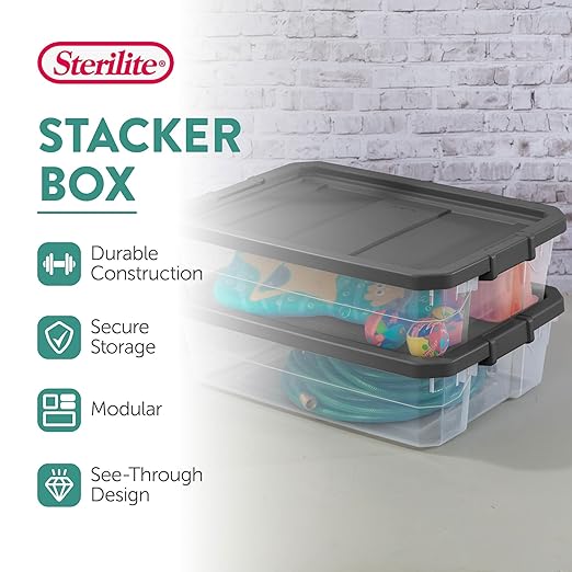 Sterilite 6-Pack Modular Stacker Box, Durable Clear Plastic Storage Bins with Latching Lids, 40 Quart - Stackable Organizing Container Boxes for Closet, Bathroom, and Office