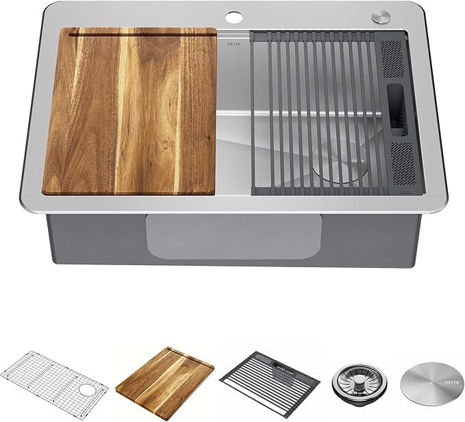DELTA FAUCET 95A932-30S-SS Lorelai Workstation Kitchen Sink Drop-in Top Mount Stainless Steel Single Bowl with WorkFlow Ledge and Chef’s Kit of 5 Accessories