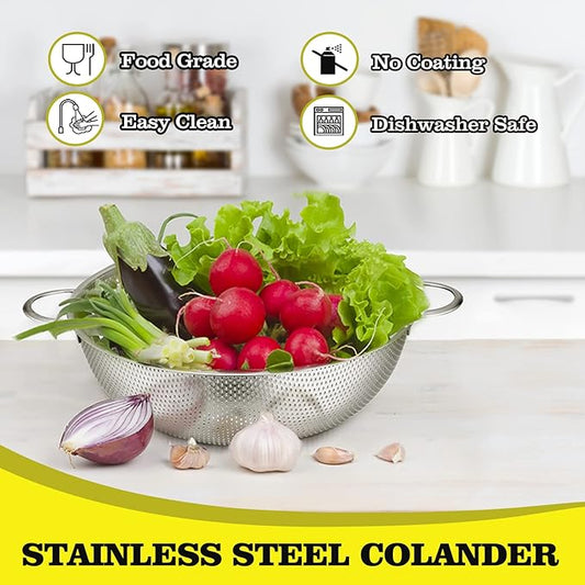 P&P CHEF Stainless Steel Colander, Micro-Perforated Food Strainer with Handle for Washing Draining, Great for Pasta Fruits Vegetables, Dishwasher Safe & Healthy, 1 +3 Qt, 2Pcs