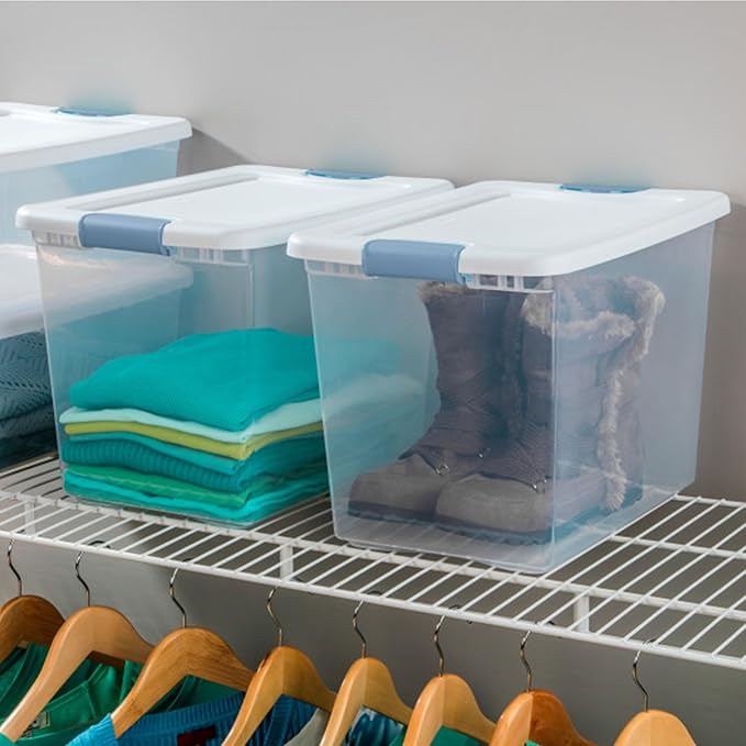 Sterilite 24-Pack Latching Box, Under Bed Storage Bins with Lids, Clear Plastic, 25 Quart - Heavy-Duty Organizing Containers for Closet, Bathroom, and Office