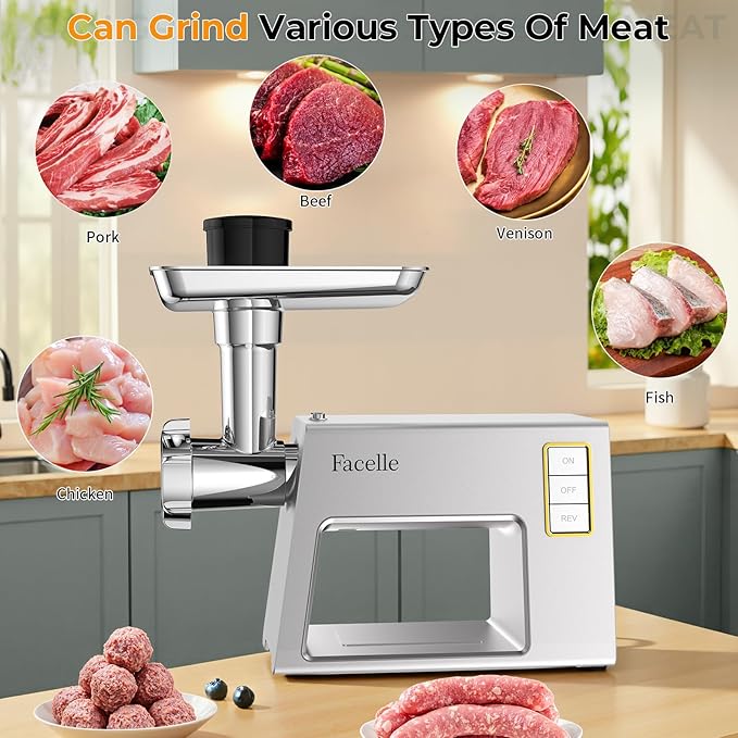 Facelle Electric Meat Grinder for Home Use, Mincer Machine with Stainless Steel Blades & 3 Grinding Plates,Sausage Stuffer & Kubbe Kit, Food Grinder for Burgers, Kibbeh, Beef Sticks, Dog Food