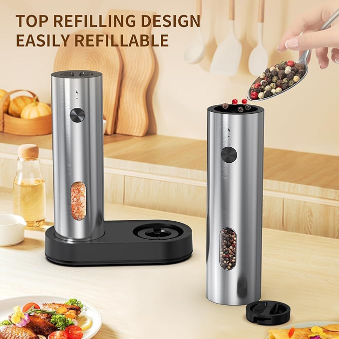 Electric Salt and Pepper Grinder Set with Charging Base,Stainless Steel Automatic Pepper Grinder Set Top-Refill,Flexible Coarsenes,110ml Larger Capacity with LED Light for Home Kitchen (2 pack)