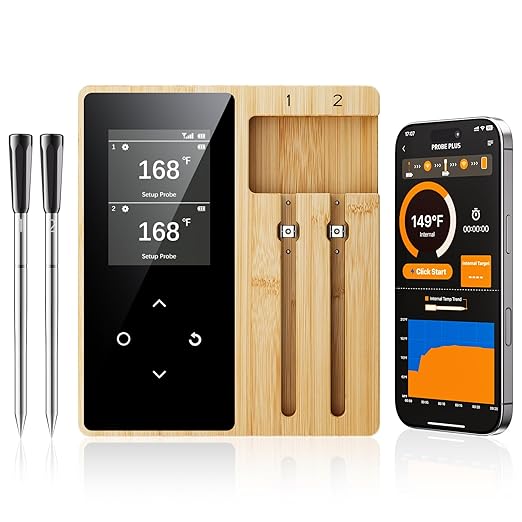 Wireless Meat Thermometer Digital with 2 Probes, Long Range Bluetooth Food Thermometer with Smart APP Alerts for Cooking, Grill, AirFryer, Perfect for BBQ Chicken Turkey